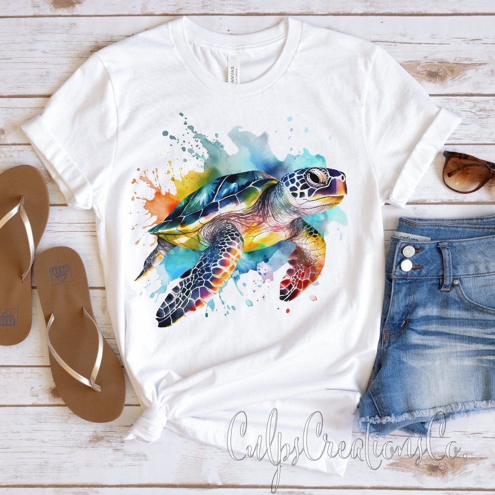 Colorful watercolor sea turtle summer ready design womens short sleeve tee